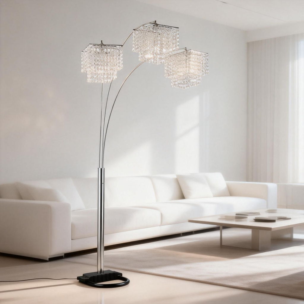 Arc Floor Lamp – Chrome Finish, Hanging Crystal Drop Shades | Modern Luxury Living Room Light