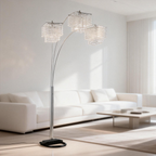 Arc Floor Lamp – Chrome Finish, Hanging Crystal Drop Shades | Modern Luxury Living Room Light