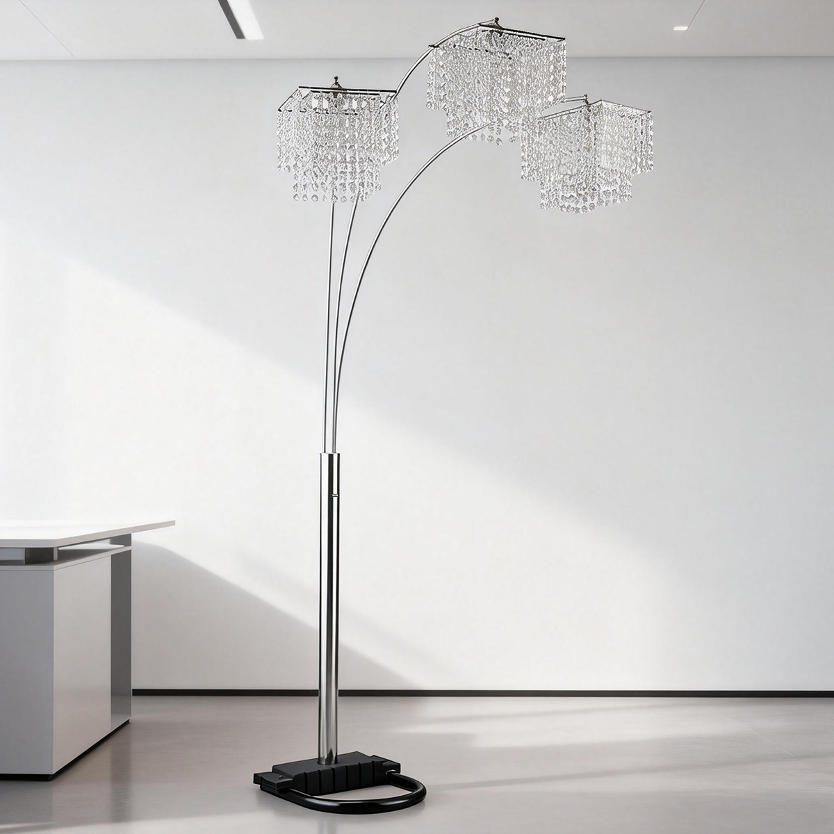 Arc Floor Lamp – Chrome Finish, Hanging Crystal Drop Shades | Modern Luxury Living Room Light
