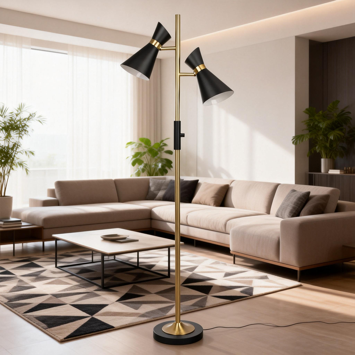 Double Spot Floor Lamp – Brushed Gold Finish, 4-Way Switch & Metal Base | Modern Reading & Accent Lighting