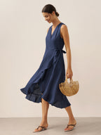 100% Linen V-Neck One-Piece Ruffle Hem Midi Dress MAYA