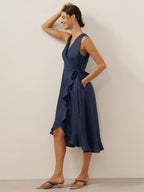 100% Linen V-Neck One-Piece Ruffle Hem Midi Dress MAYA