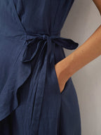 100% Linen V-Neck One-Piece Ruffle Hem Midi Dress MAYA