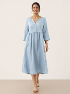 100% Linen Loose Fit Button Waist Gathered Midi Dress LUNA