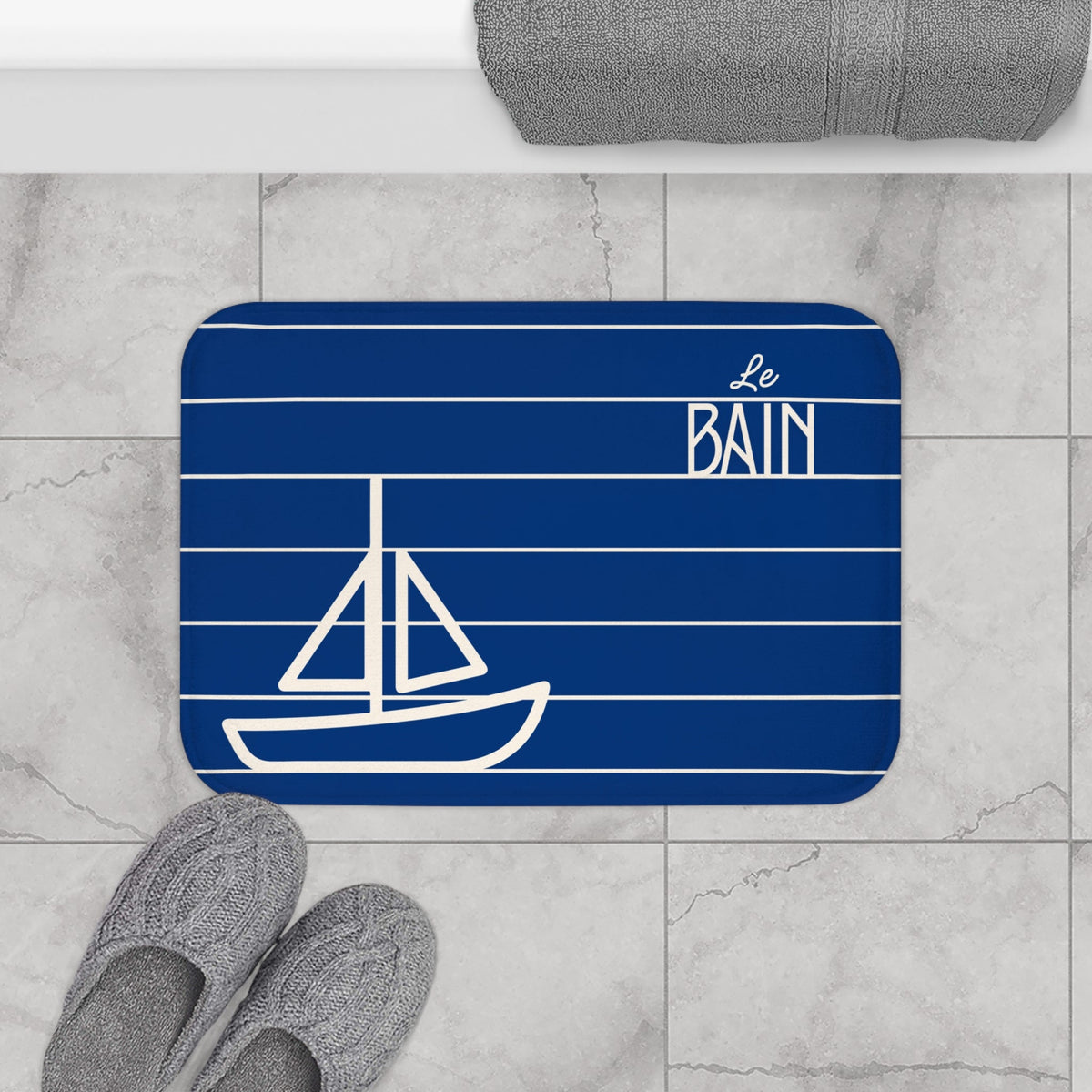 Nautical Blue “Le Bain” Bath Mat — Striped Kid's Sailboat Bathroom Rug