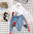 Kids Clothes White T-shirt Denim Skirt 2pcs Girls Suits