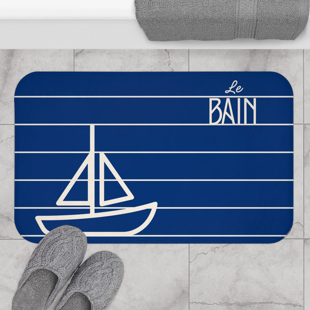 Nautical Blue “Le Bain” Bath Mat — Striped Kid's Sailboat Bathroom Rug