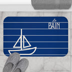 Nautical Blue “Le Bain” Bath Mat — Striped Kid's Sailboat Bathroom Rug