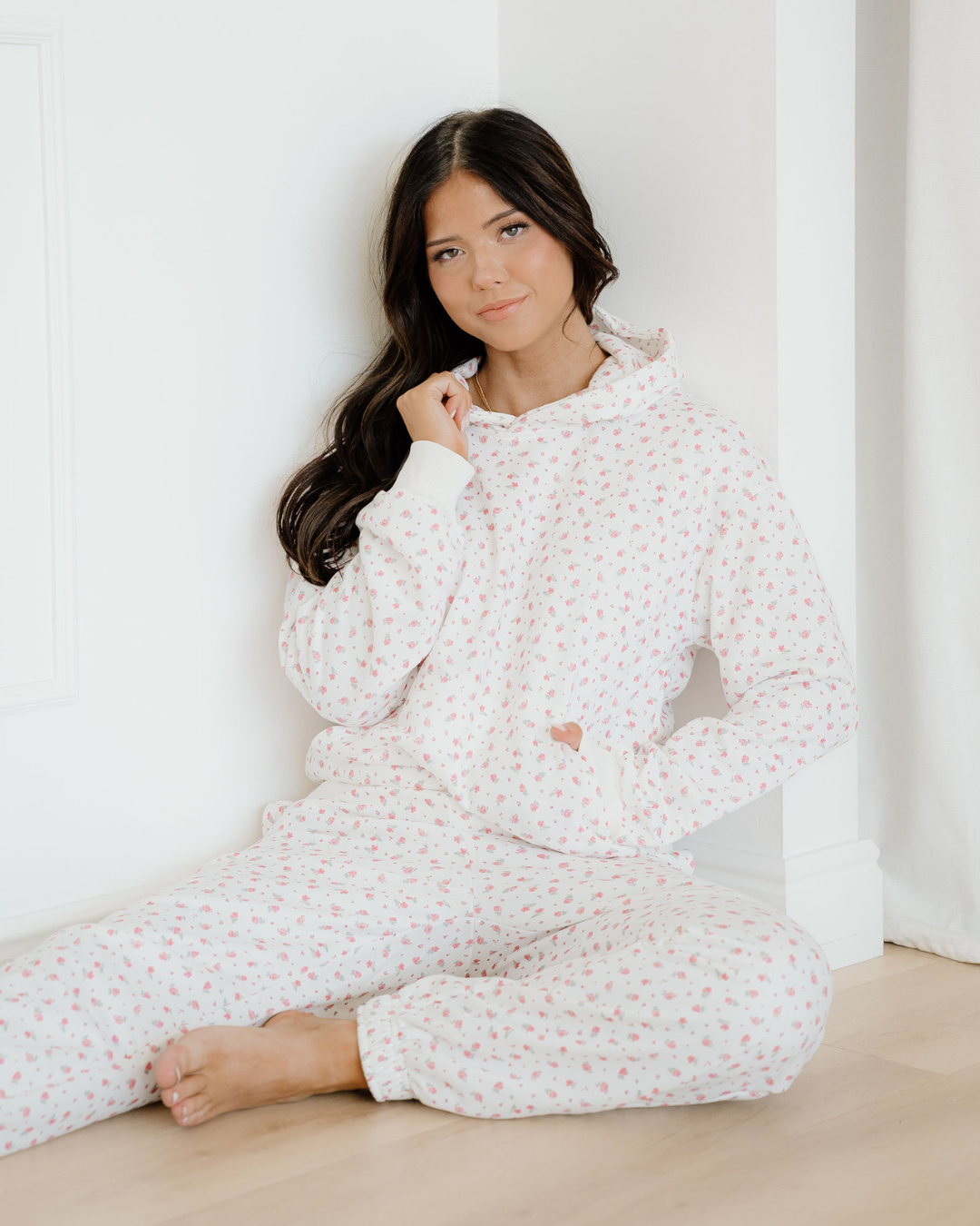 Rose Sweat Set Floral Kangaroo Pocket Hoodie Pants Set