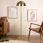 2-Light Floor Lamp – Gold Brass & Natural Rattan Tubes, Dual Pull Chain | Boho Living Room & Bedroom Lamp