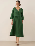 100% Linen Loose Fit Button Waist Gathered Midi Dress LUNA