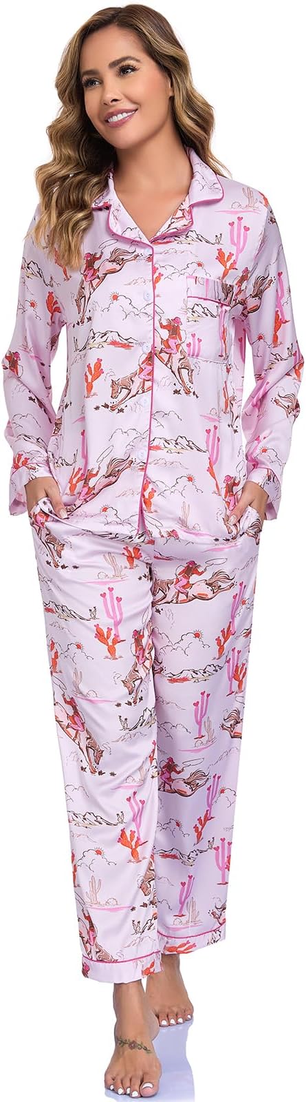 Women's Button Down Lapel Shirt With Pocket Matching Two Piece Loungewear Pajama Set