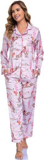 Women's Button Down Lapel Shirt With Pocket Matching Two Piece Loungewear Pajama Set