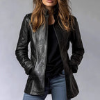 Vintage Style PU Jacket — Mid-Length Open Cardigan Leather Coat with Pockets