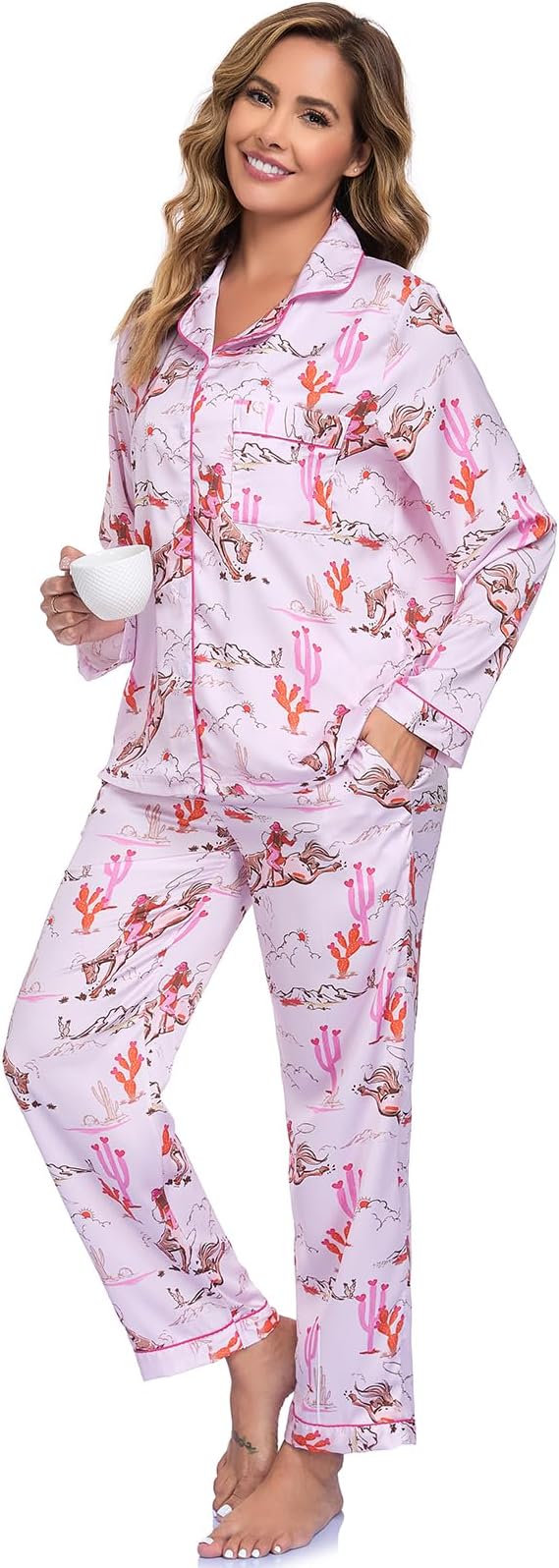 Women's Button Down Lapel Shirt With Pocket Matching Two Piece Loungewear Pajama Set