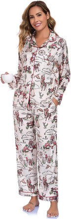 Women's Button Down Lapel Shirt With Pocket Matching Two Piece Loungewear Pajama Set