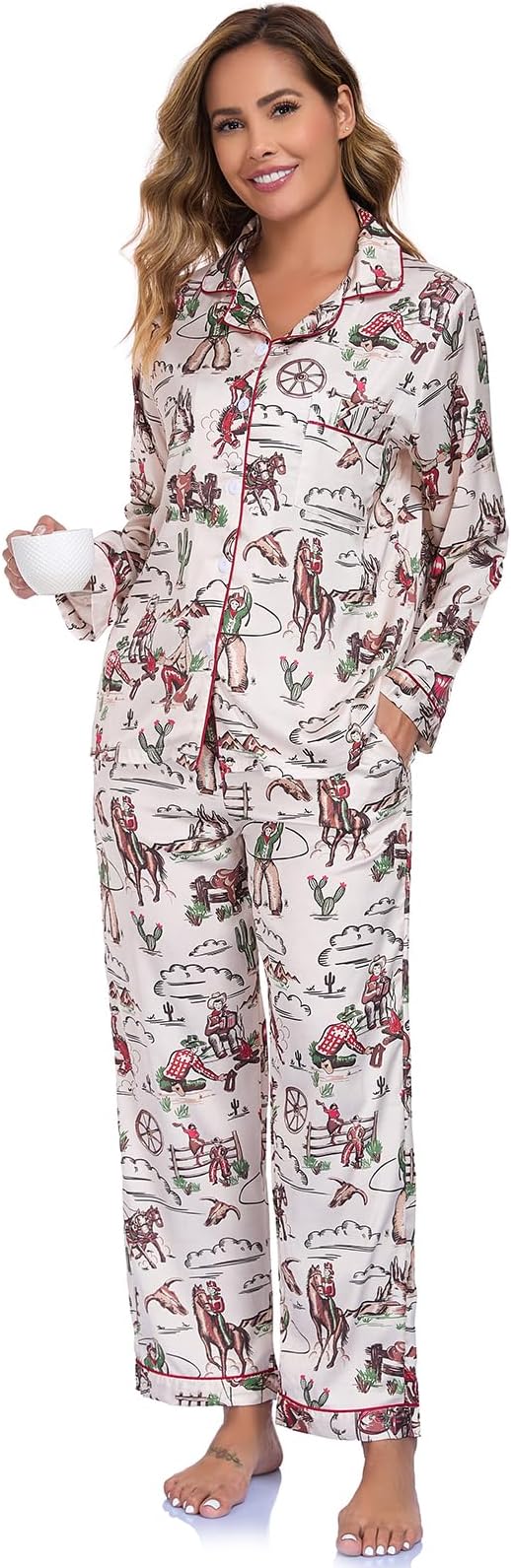 Women's Button Down Lapel Shirt With Pocket Matching Two Piece Loungewear Pajama Set