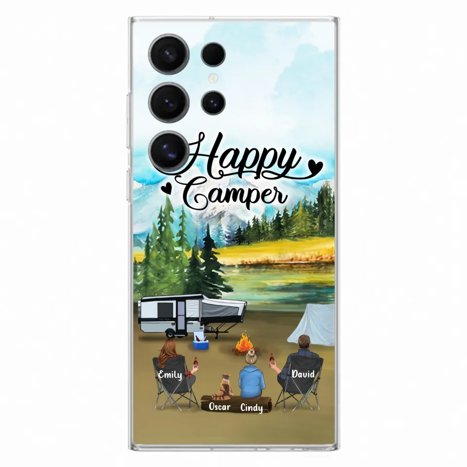 Custom Personalized Camping Phone Case - Parents With 1 Kid And 1 Pet - Best Gift For Family - Happy Camper - Case For iPhone And Samsung