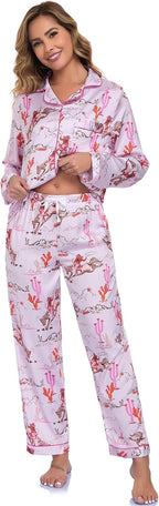 Women's Button Down Lapel Shirt With Pocket Matching Two Piece Loungewear Pajama Set