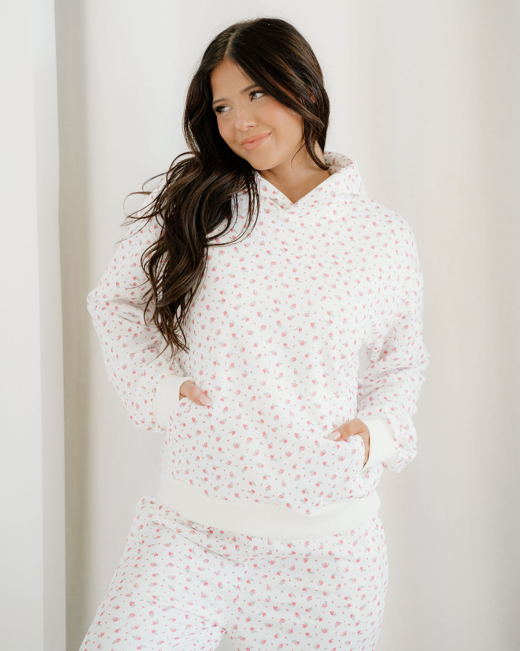 Rose Sweat Set Floral Kangaroo Pocket Hoodie Pants Set