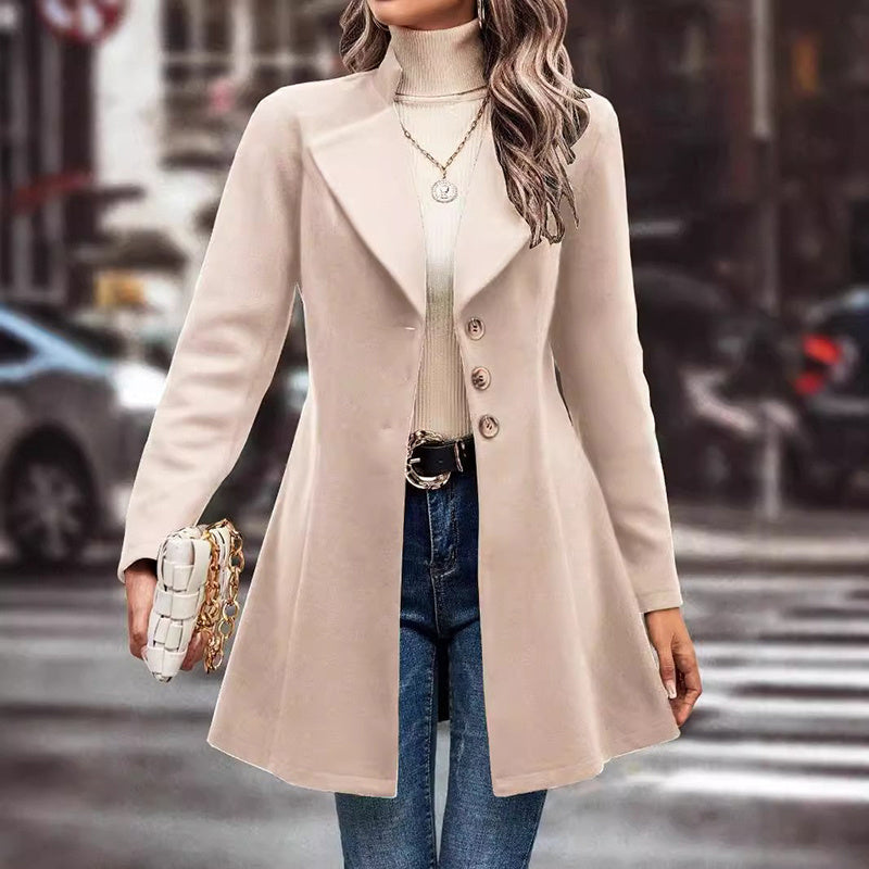 Women’s Winter Overcoat — Lapel Collar, Single-Breasted, Long Pea Coat
