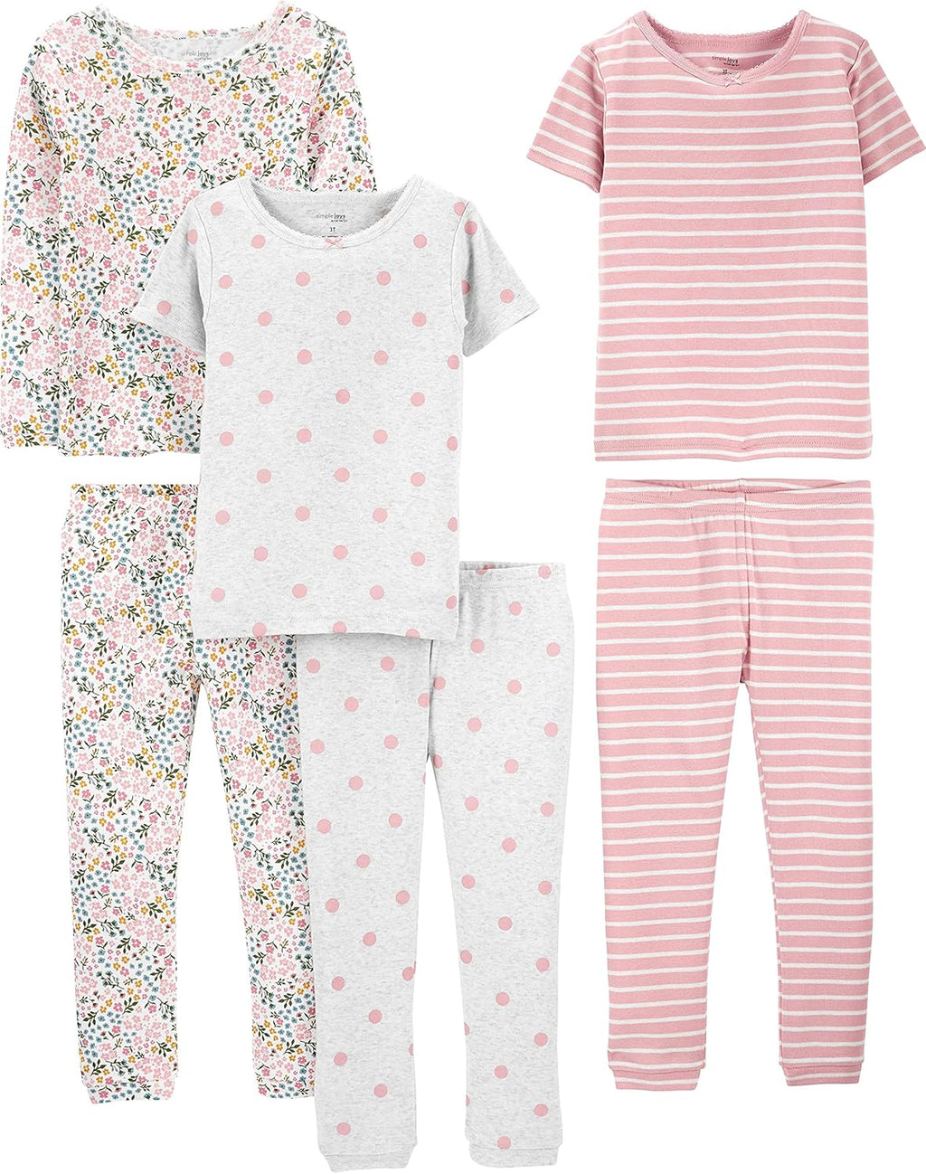 Girls Cotton Pajama Set 6-Piece - Snug Fit PJ Pack for Babies Toddlers