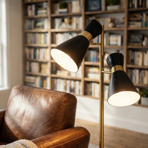 Double Spot Floor Lamp – Brushed Gold Finish, 4-Way Switch & Metal Base | Modern Reading & Accent Lighting
