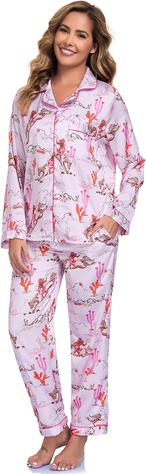 Women's Button Down Lapel Shirt With Pocket Matching Two Piece Loungewear Pajama Set