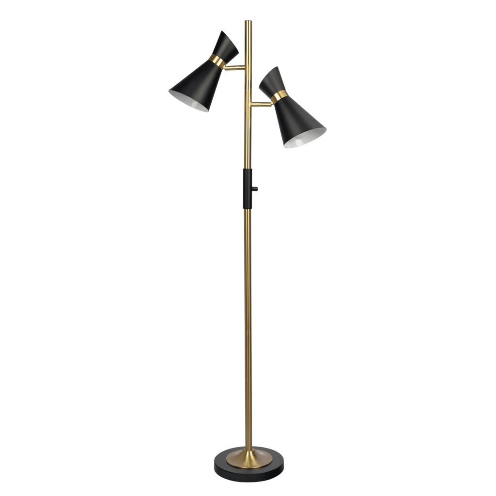 Double Spot Floor Lamp – Brushed Gold Finish, 4-Way Switch & Metal Base | Modern Reading & Accent Lighting