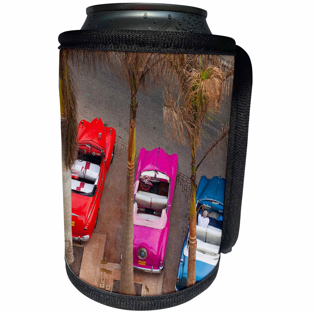 3dRose Danita Delimont - Automobiles - Cuba, Havana. Overhead view of colorful classic cars. - Can Cooler Bottle Wrap (cc_257373)