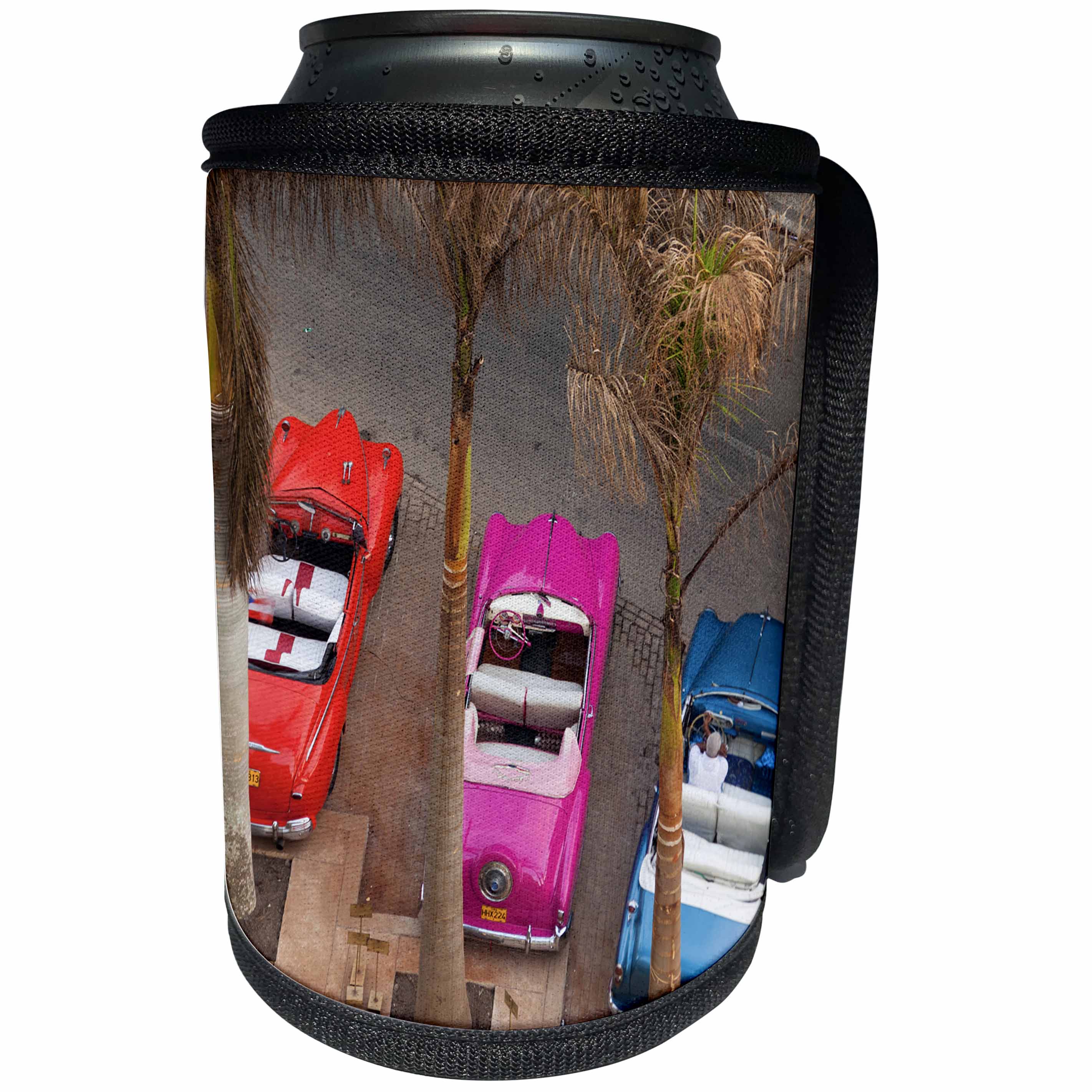3dRose Danita Delimont - Automobiles - Cuba, Havana. Overhead view of colorful classic cars. - Can Cooler Bottle Wrap (cc_257373)
