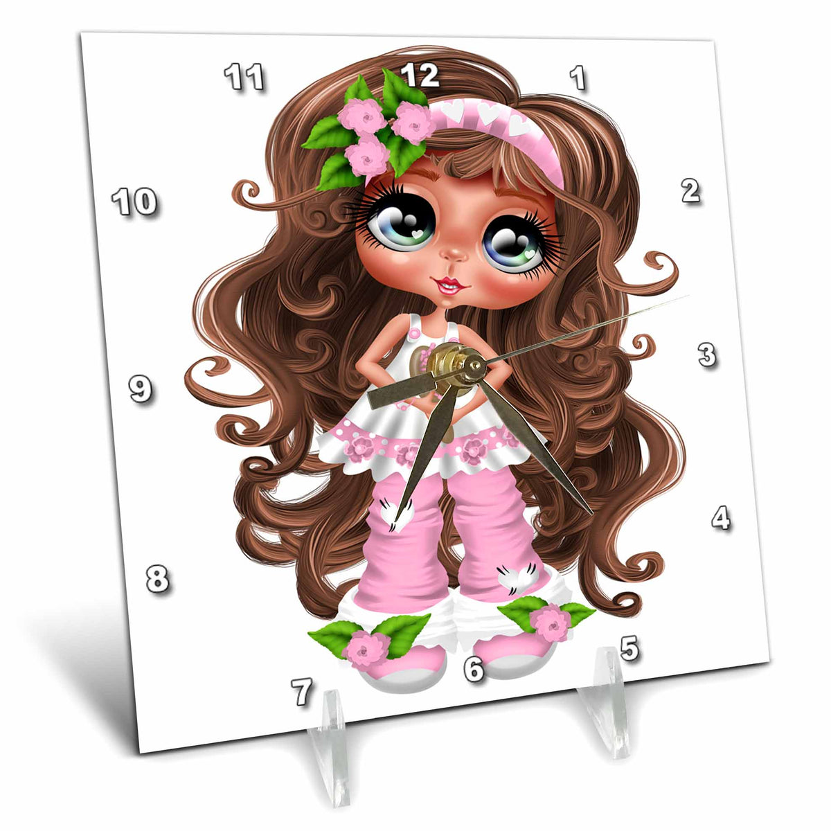 3dRose Cute Brunette Pajama Girl Illustration - Desk Clocks (dc_354880)
