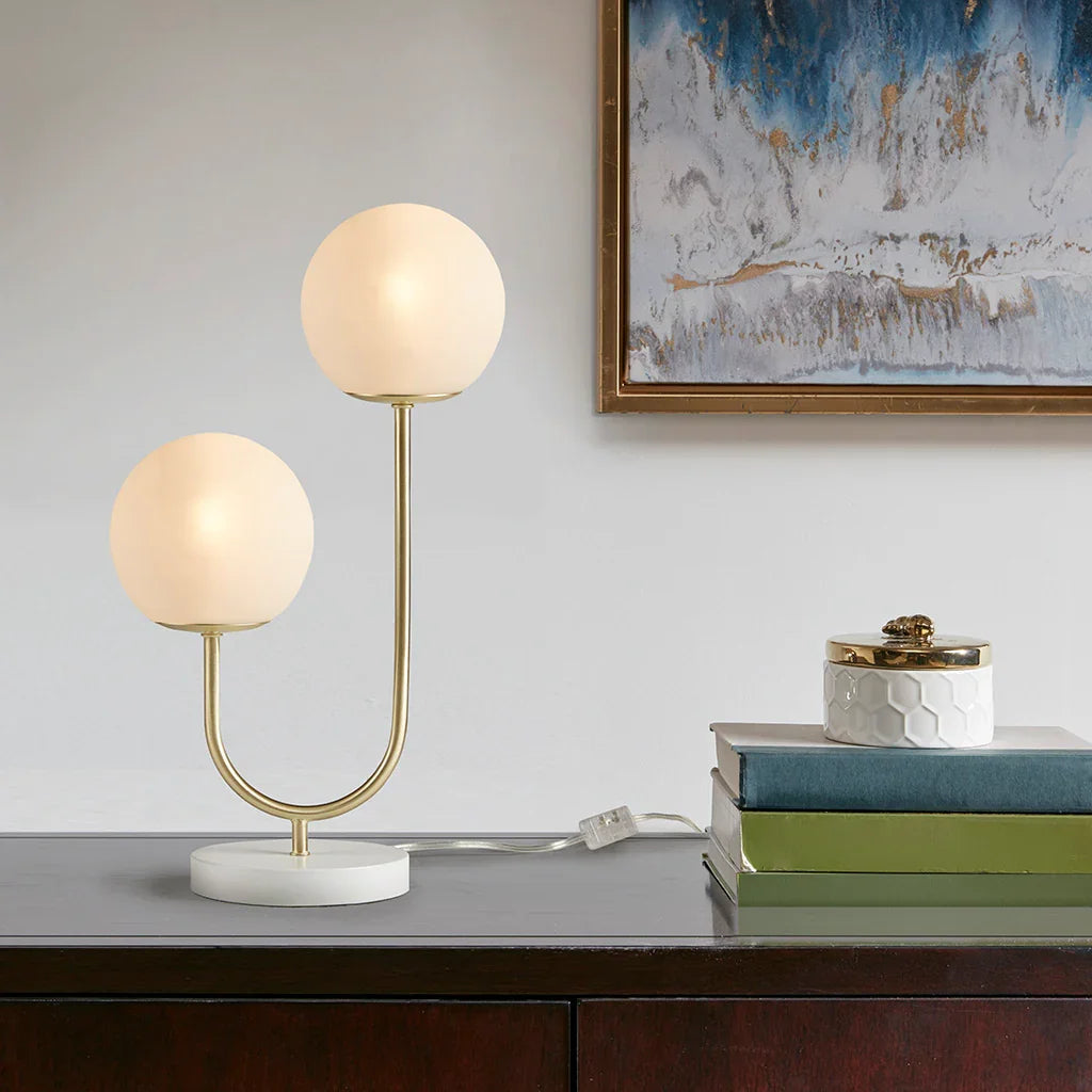 2-Light Frosted Glass Globe Table Lamp – Gold Brass Curved Stand & White Round Base | Modern Bedside & Desk Lamp