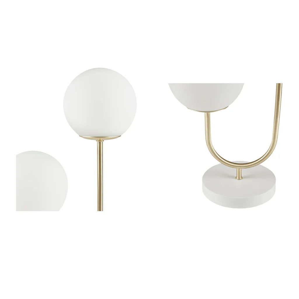 2-Light Frosted Glass Globe Table Lamp – Gold Brass Curved Stand & White Round Base | Modern Bedside & Desk Lamp
