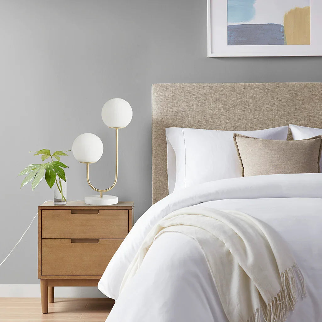 2-Light Frosted Glass Globe Table Lamp – Gold Brass Curved Stand & White Round Base | Modern Bedside & Desk Lamp