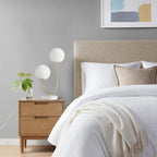 2-Light Frosted Glass Globe Table Lamp – Gold Brass Curved Stand & White Round Base | Modern Bedside & Desk Lamp