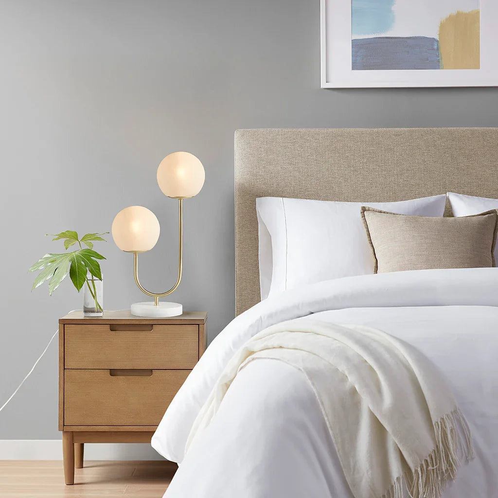 2-Light Frosted Glass Globe Table Lamp – Gold Brass Curved Stand & White Round Base | Modern Bedside & Desk Lamp