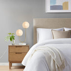 2-Light Frosted Glass Globe Table Lamp – Gold Brass Curved Stand & White Round Base | Modern Bedside & Desk Lamp