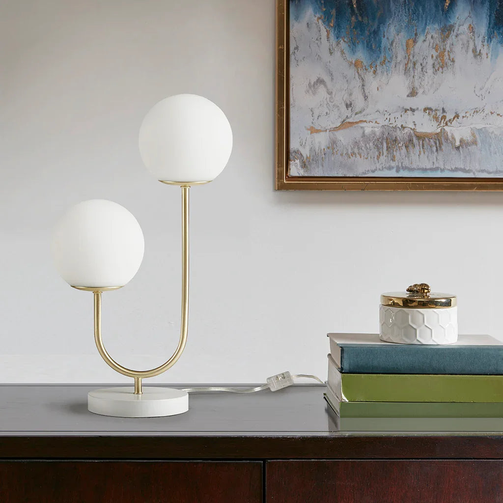 2-Light Frosted Glass Globe Table Lamp – Gold Brass Curved Stand & White Round Base | Modern Bedside & Desk Lamp