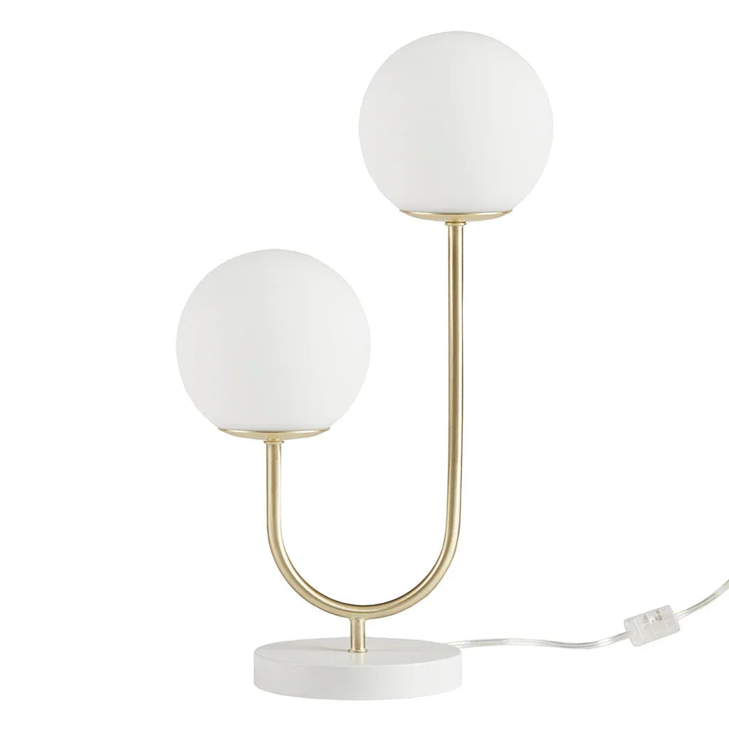 2-Light Frosted Glass Globe Table Lamp – Gold Brass Curved Stand & White Round Base | Modern Bedside & Desk Lamp