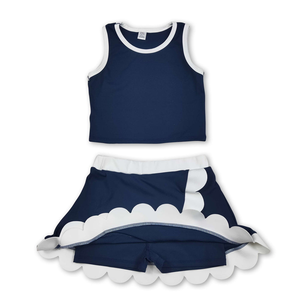 Sleeveless navy white scallop girls team active wear set