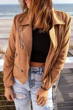 Brown Notch Collar Jacket - Classic Zippered Short Coat for Women | Femstylo