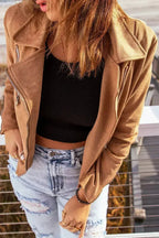 Brown Notch Collar Jacket - Classic Zippered Short Coat for Women | Femstylo