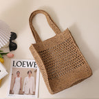 Solid Color Hollow Out Cutout Shoulder Straw Bag Korean Woven Tote Fishing Net Bag Seaside Vacation Beach Bag