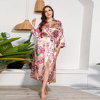 Plus Size Russian American Emulation Silk Nightgown Long-Sleeved Home Wear Women Leopard Print Wearable