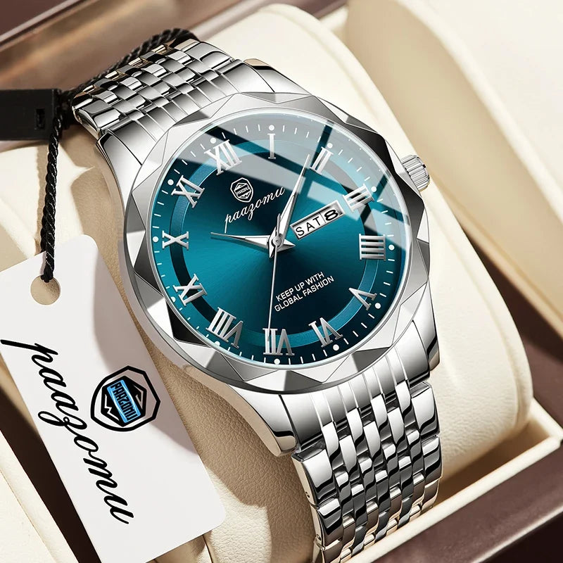 PAAZOMU Top Original Men Watch Waterproof Luminous Date Rectangle Man Wristwatch Mesh Stainless Steel Men's Quartz Watches Male