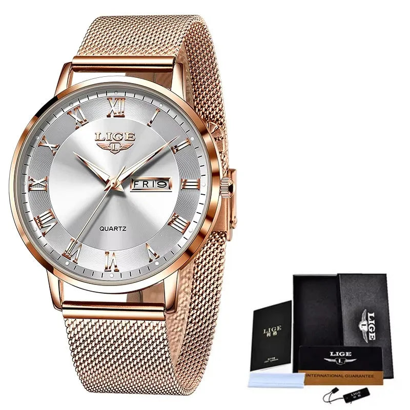 Women's Rose Gold Mesh Watch Silver Dial Slim Waterproof