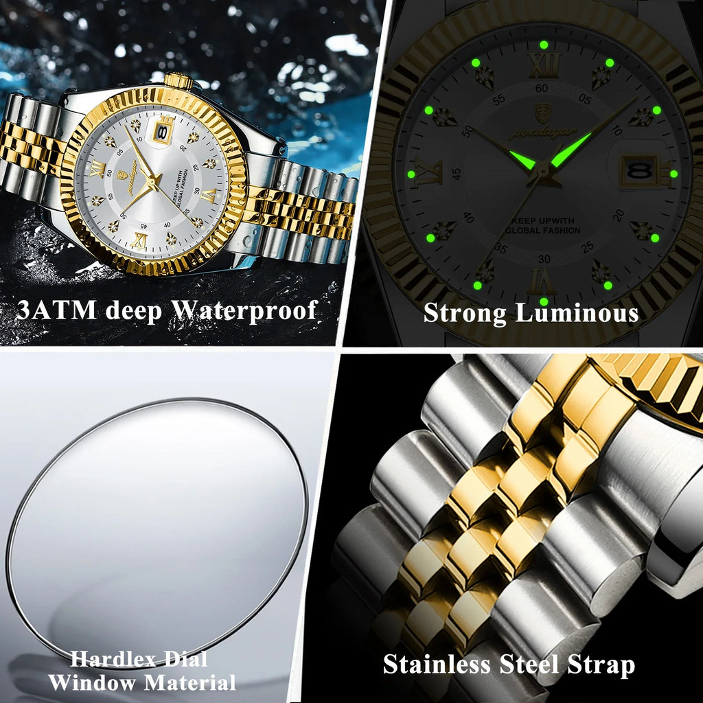 POEDAGAR Classic Luxury Men's Quartz Watches Stainless Steel Date Man Watch Waterproof Luminous Fashion Business Male Wristwatch