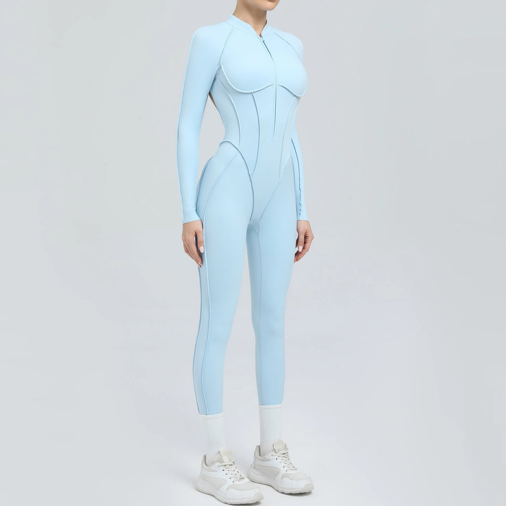 Padded Women Long Sleeve Sport Yoga Jumpsuit Workout Clothes for Women Sportwear Backless Zipper Fitness Gym Outfit