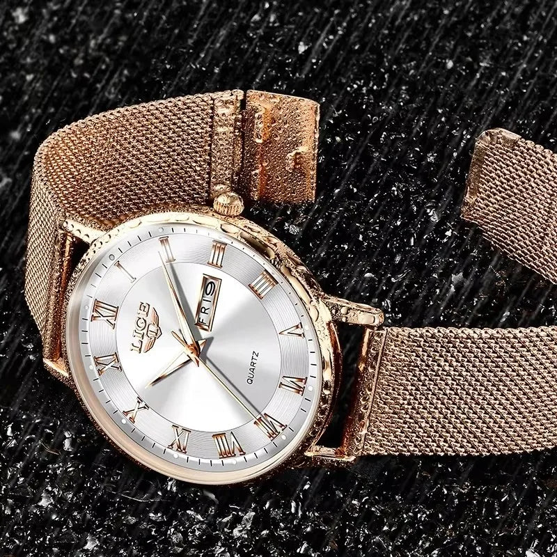 Women's Rose Gold Mesh Watch Silver Dial Slim Waterproof